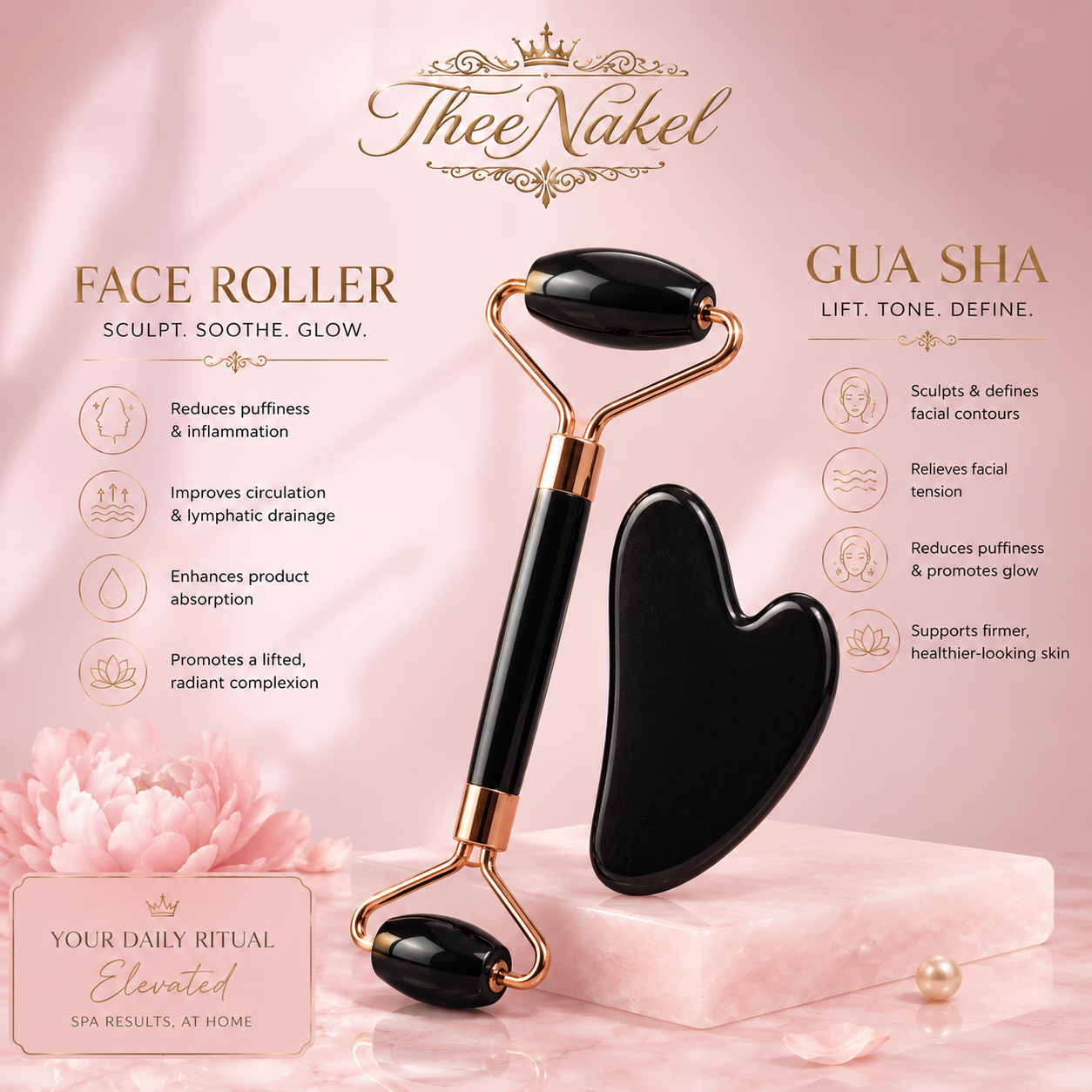 TheeNakel Facial Skincare Ice Roller Set, Gua Sha Facetool Set, Face Massage Roller Lifting Contouring