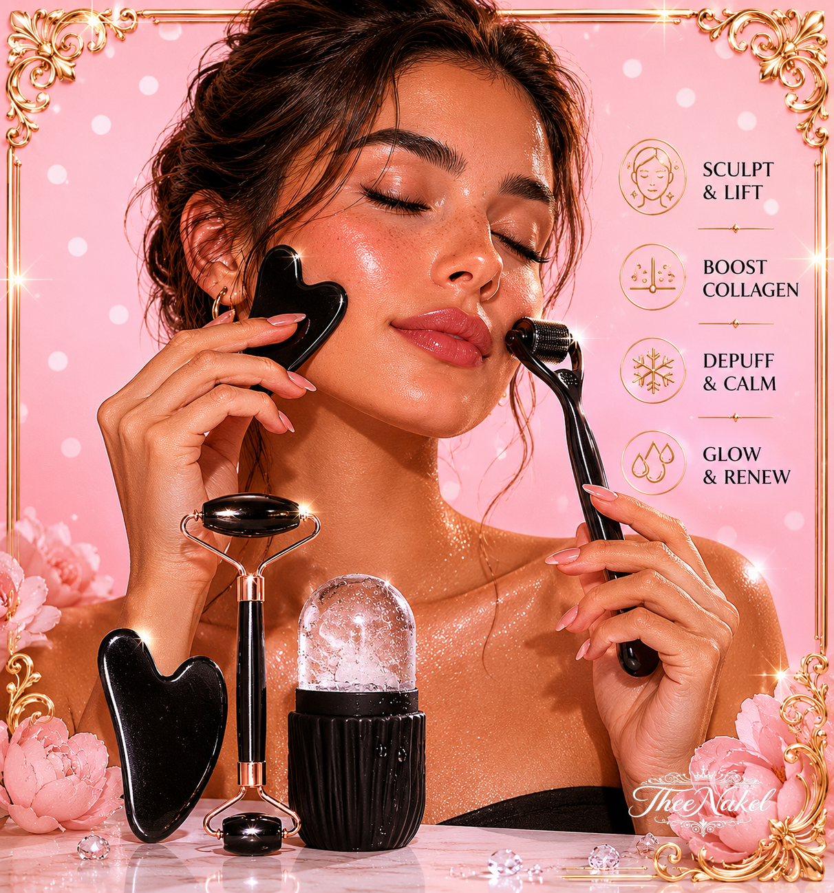 TheeNakel Facial Skincare Ice Roller Set, Gua Sha Facetool Set, Face Massage Roller Lifting Contouring